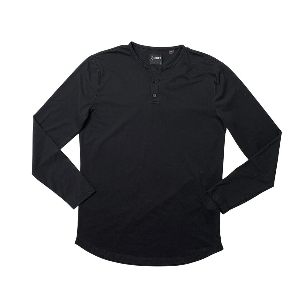 CUTS Shirt Mens M Medium Black Long Sleeve Henley Curve Hem Pyca Pro Stretch